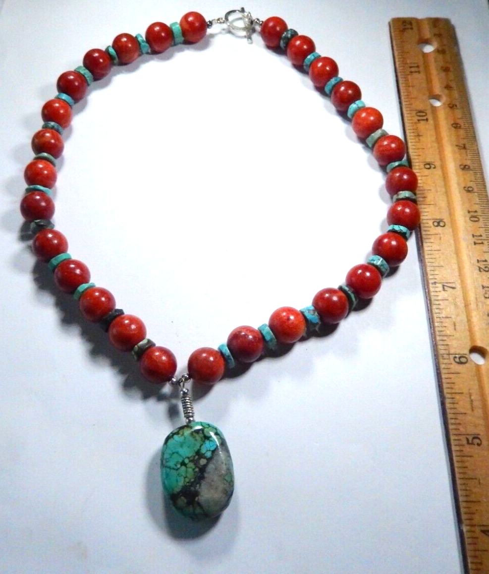 *VINTAGE*  Wooden and Turquoise Beaded Necklace 18" with Sterling Toggle Clasp