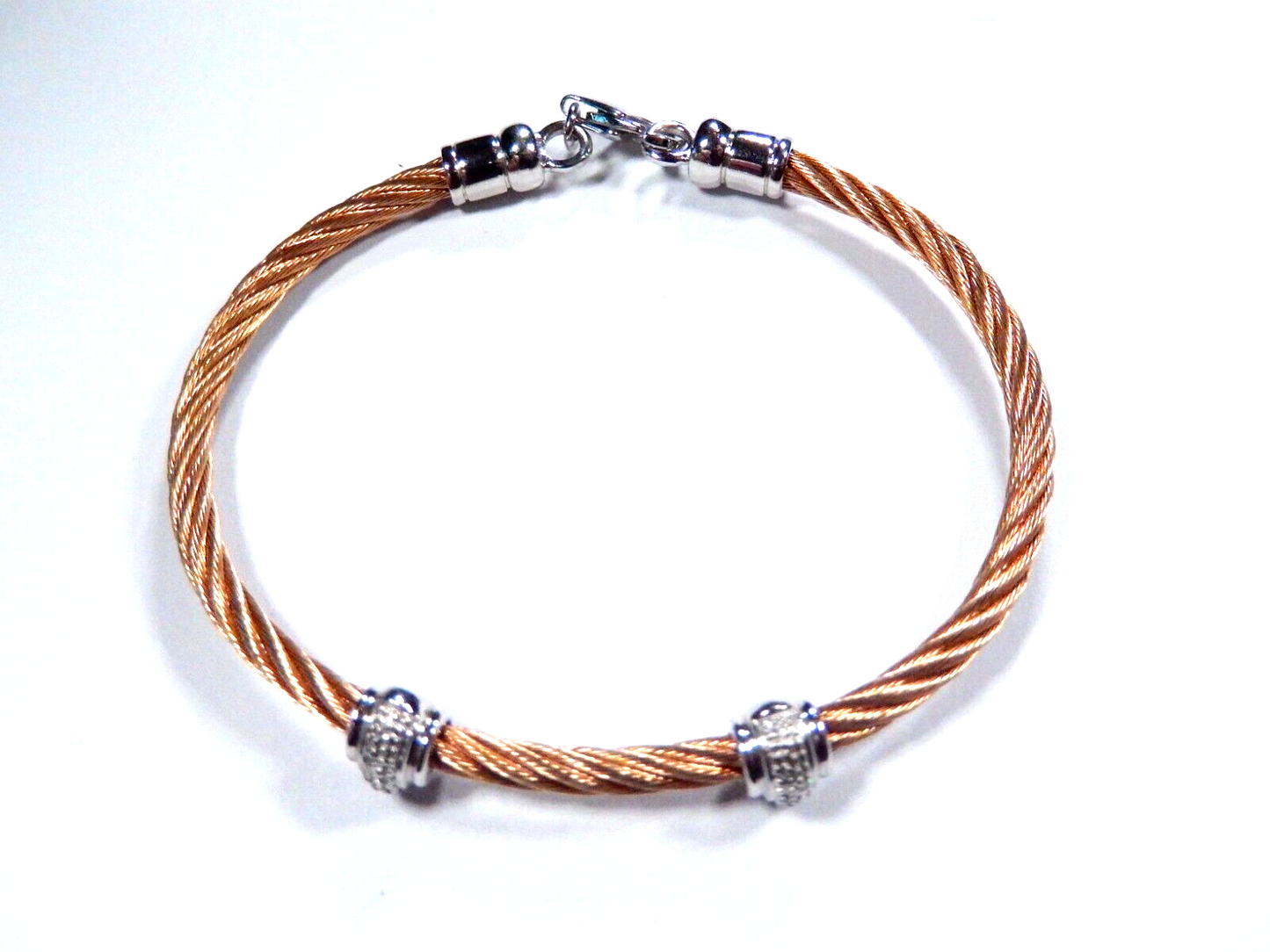 Sterling Silver Rose Gold Tone Stainless Steel Diamond Twist Bead Bracelet  - 7"