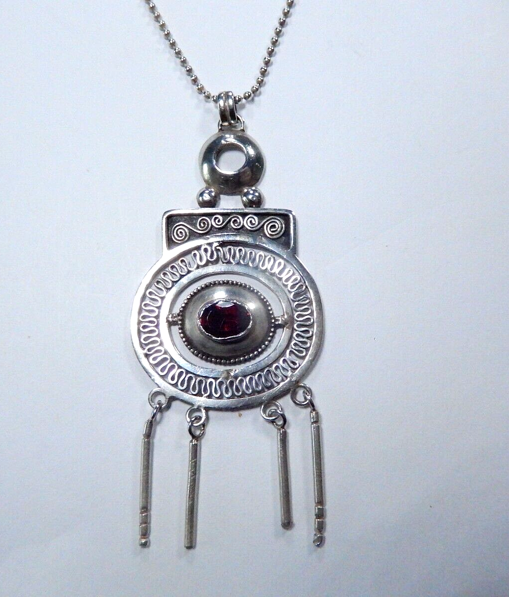 *VINTAGE* Sterling Silver Boho Art Deco 90s Garnet Pendant w/Bead-Ball 24"Chain