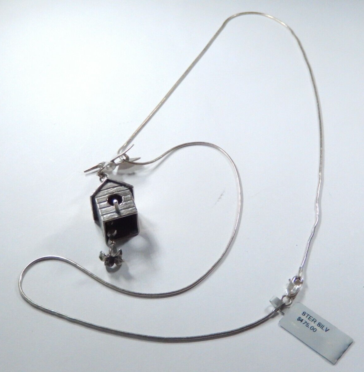 *VINTAGE*  Sterling Silver 3D Humming Bird w/ House and Moveable Bell w/24"chain