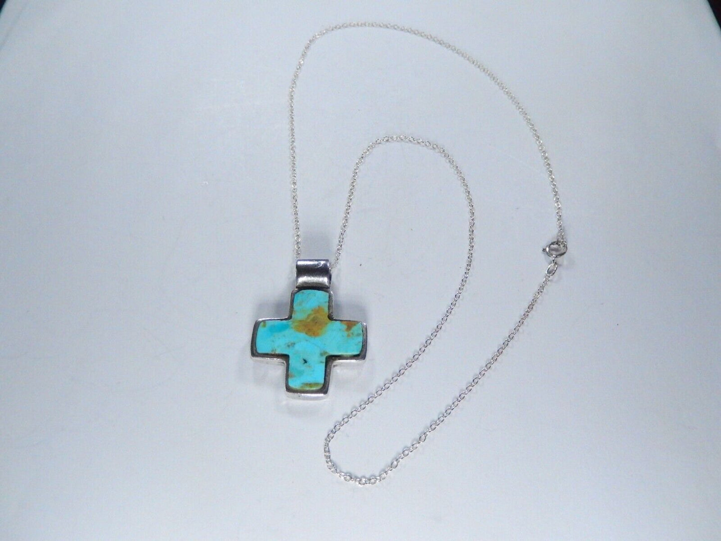 *VINTAGE* Sterling Silver Southwest Handmade Turquoise Inlay Cross Pendant w/18"