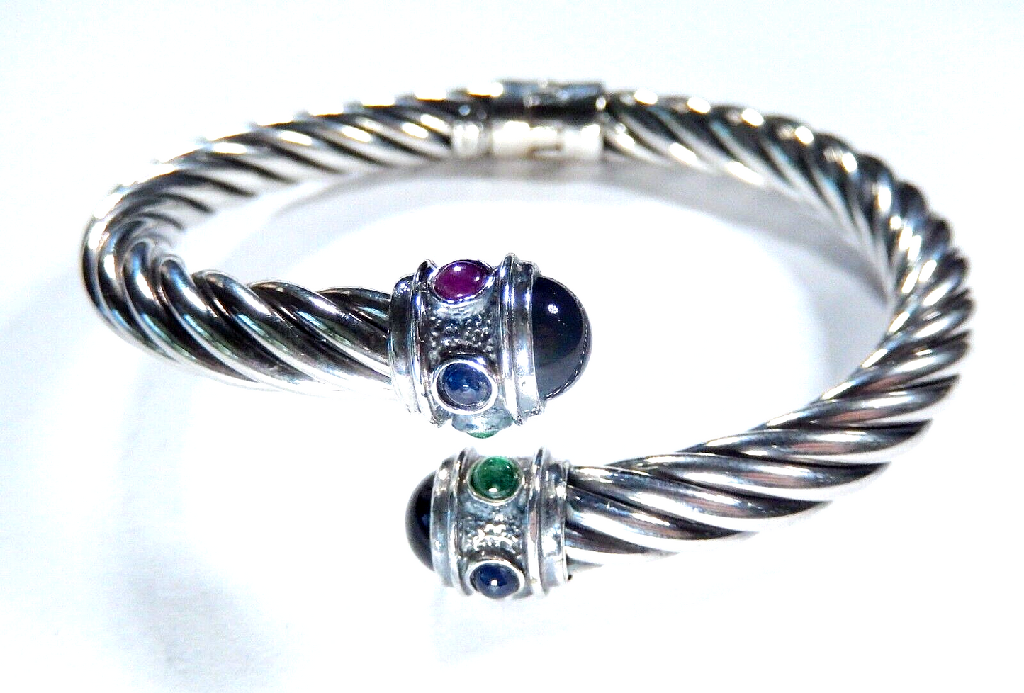*VINTAGE*  Heavy Sterling Silver Hinged Black Onyx- Twisted Cable Cuff Bracelet