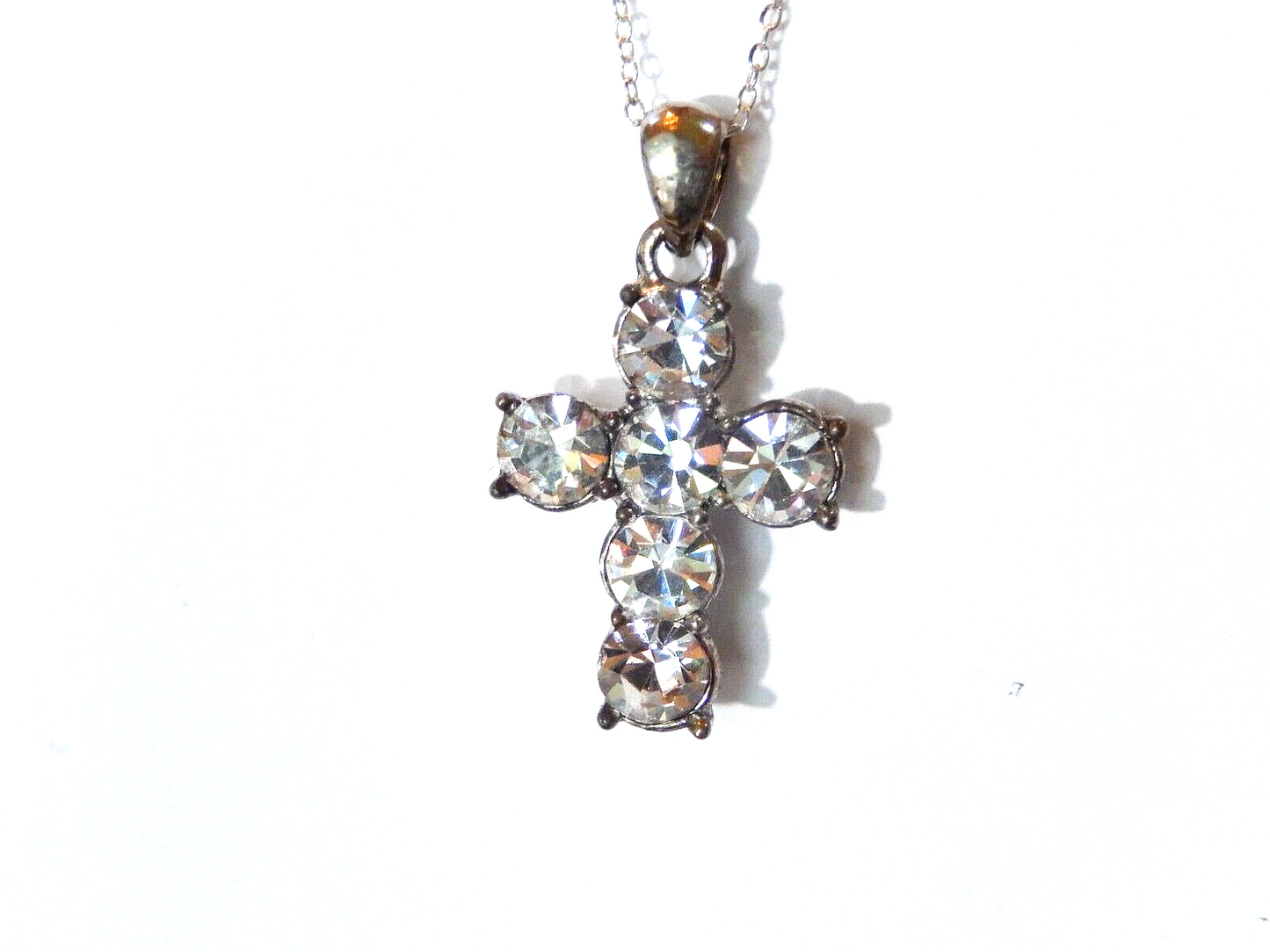 *VINTAGE*  Silver Tone  Cz Stone Cross Pendant w/ 18" Sterling Silver Chain