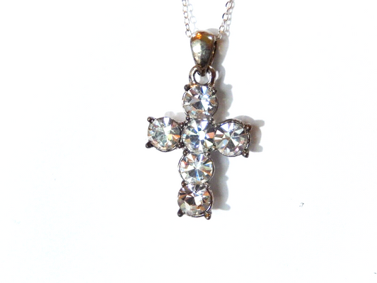 *VINTAGE*  Silver Tone  Cz Stone Cross Pendant w/ 18" Sterling Silver Chain