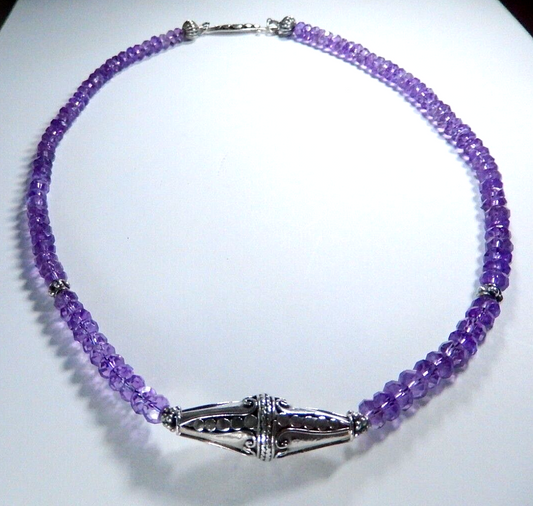 Sterling Silver Faceted Amethyst Round Gemstone Beaded Handmade 20" Necklace