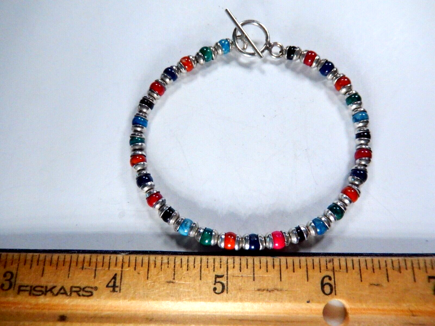 *VINTAGE* Multi Gemstone Beads w/ Sterling Bead Caps &Toggle Clasp Bracelet 7.5"