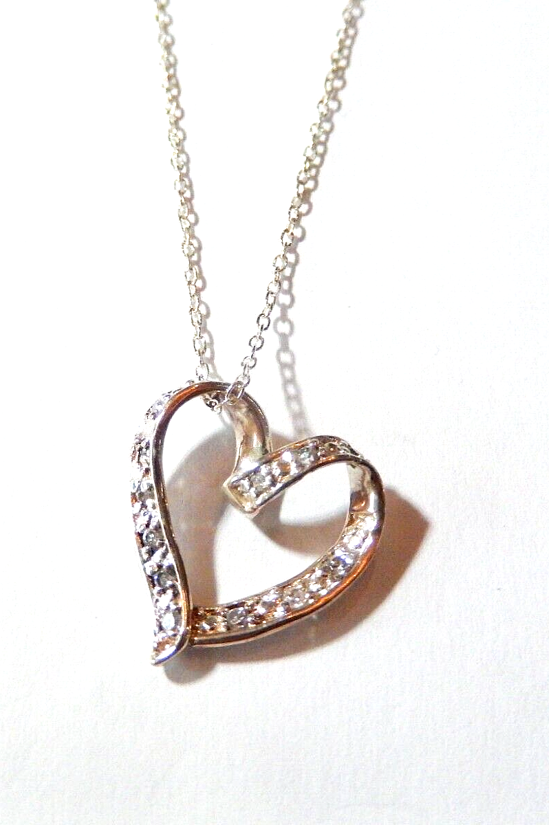 Sterling Silver 925 Floating Cubic Zirconia Heart Pendant on 18 Cable Chain