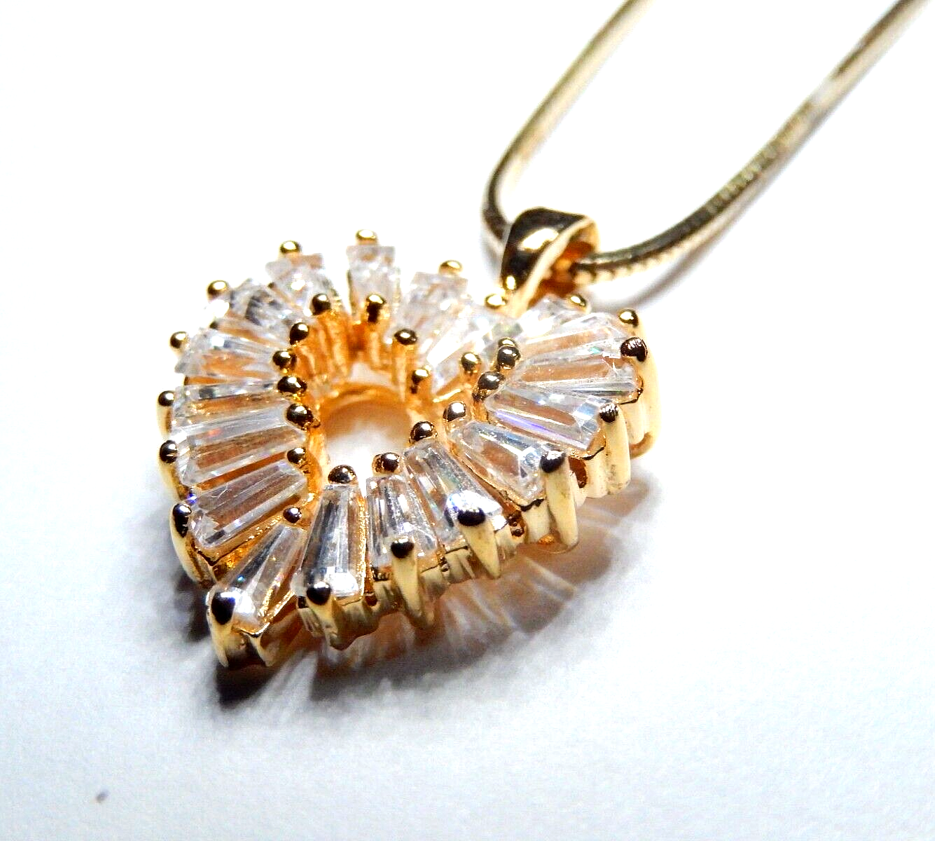 925 Gold Vermeil 200 CT Tapered CZ Baguette Heart Pendant Necklace w18 Chain