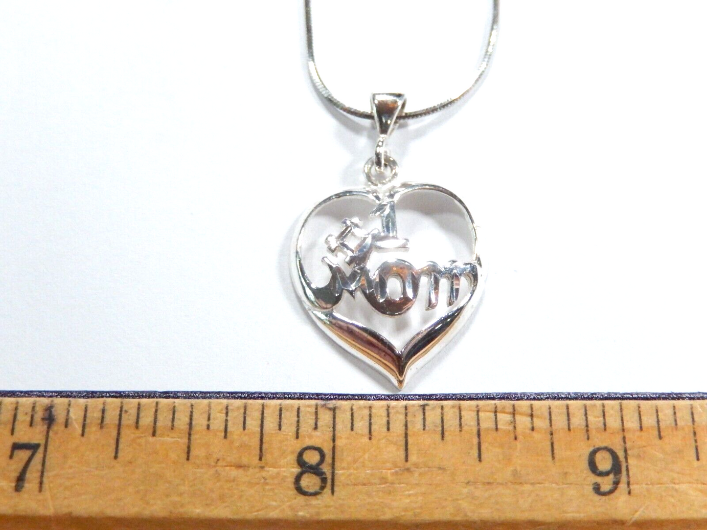 Sterling Silver #1 Mom Heart Pendant w/ 18" Sterling Snake Chain