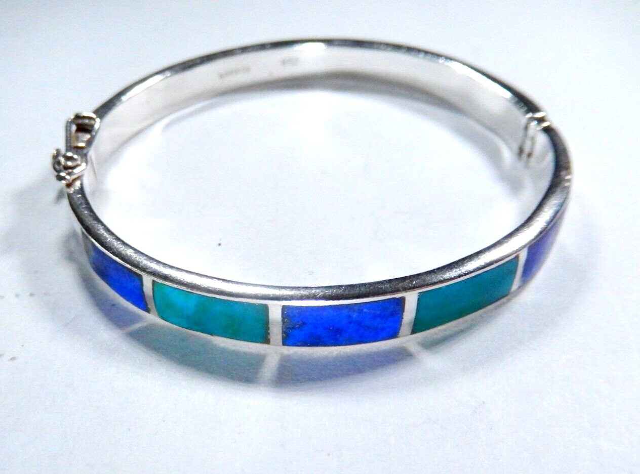 *VINTAGE* Artist Signed Sterling Silver .950 Lapis and Malachite Bangle Bracelet