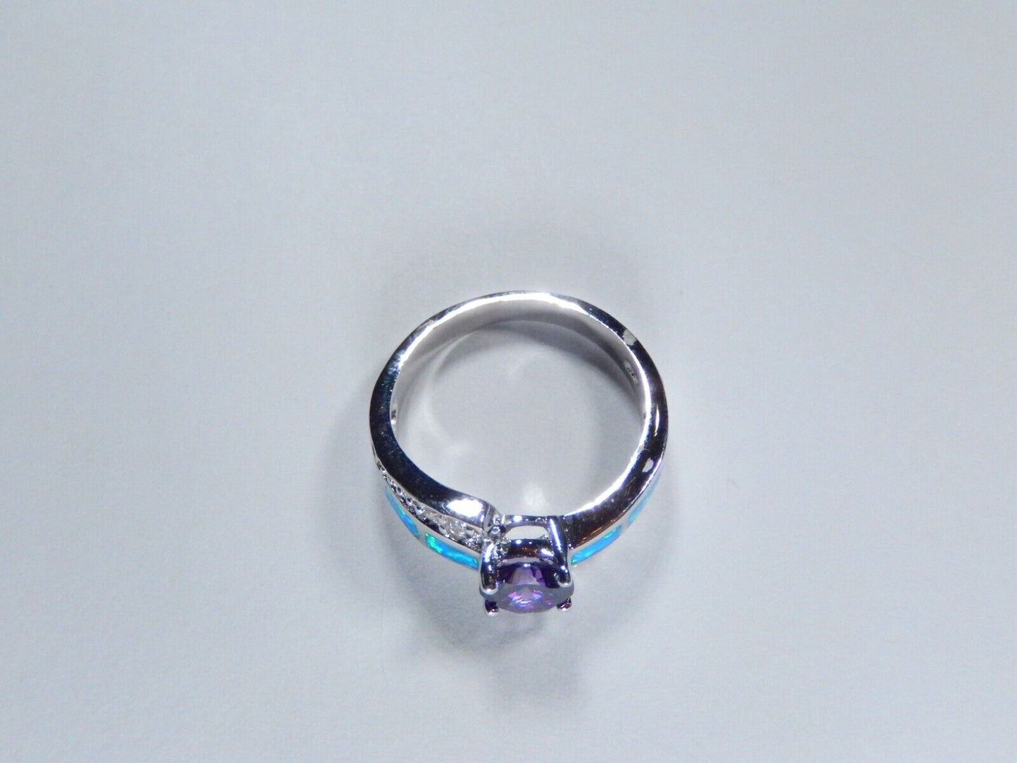 Amethyst & Blue Fire Opal Inlay with CZ Accents 925 Sterling Silver Ring sz 8.5