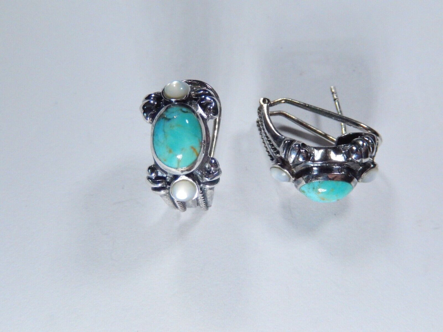 Southwestern Sterling 925 Silver Turquoise & Mother of Pearl Lever Back Earrings