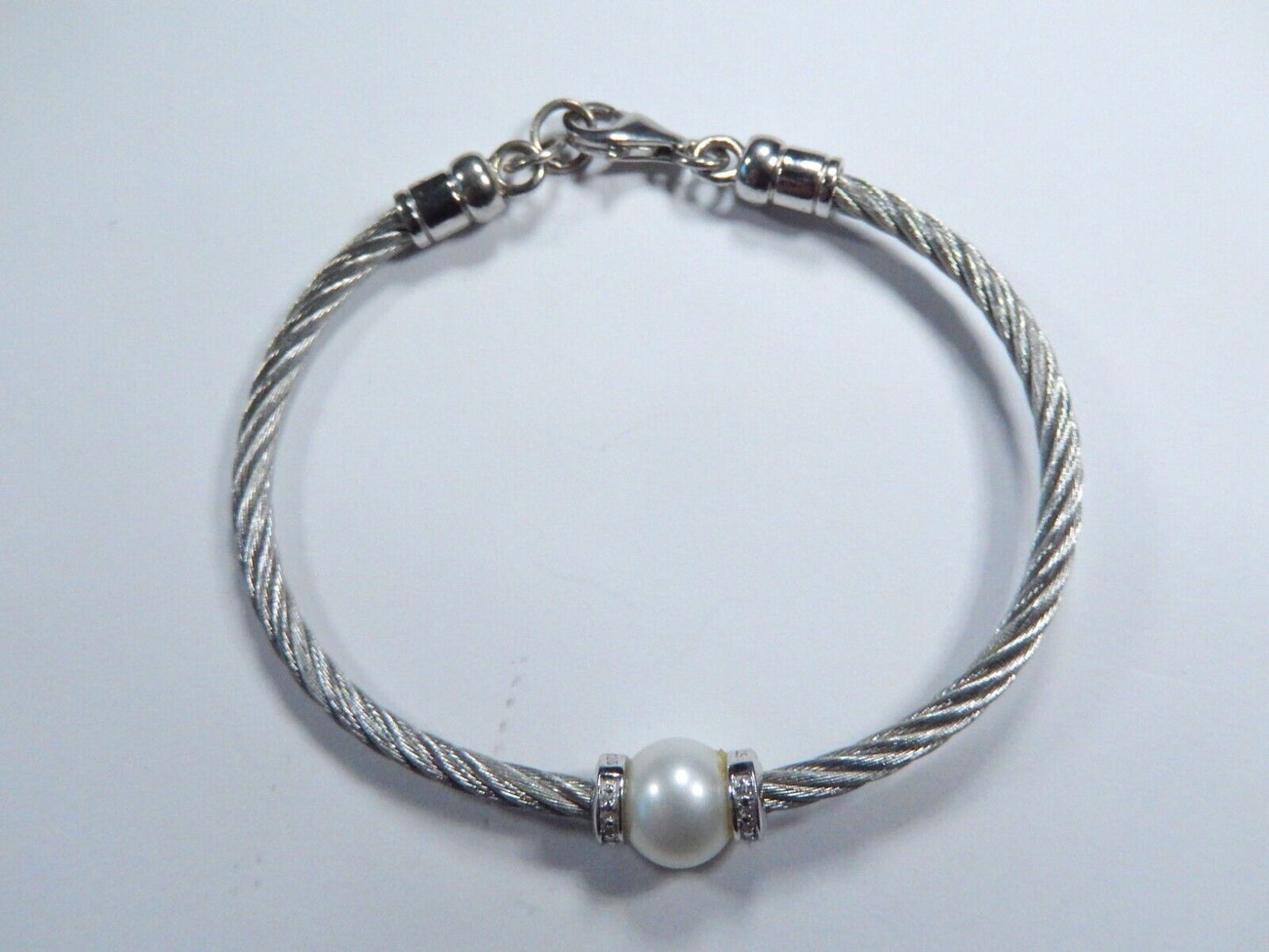 Women's Sterling Silver / Stainless Steel Diamond & Pearl Twist Bead Bracelet 7"