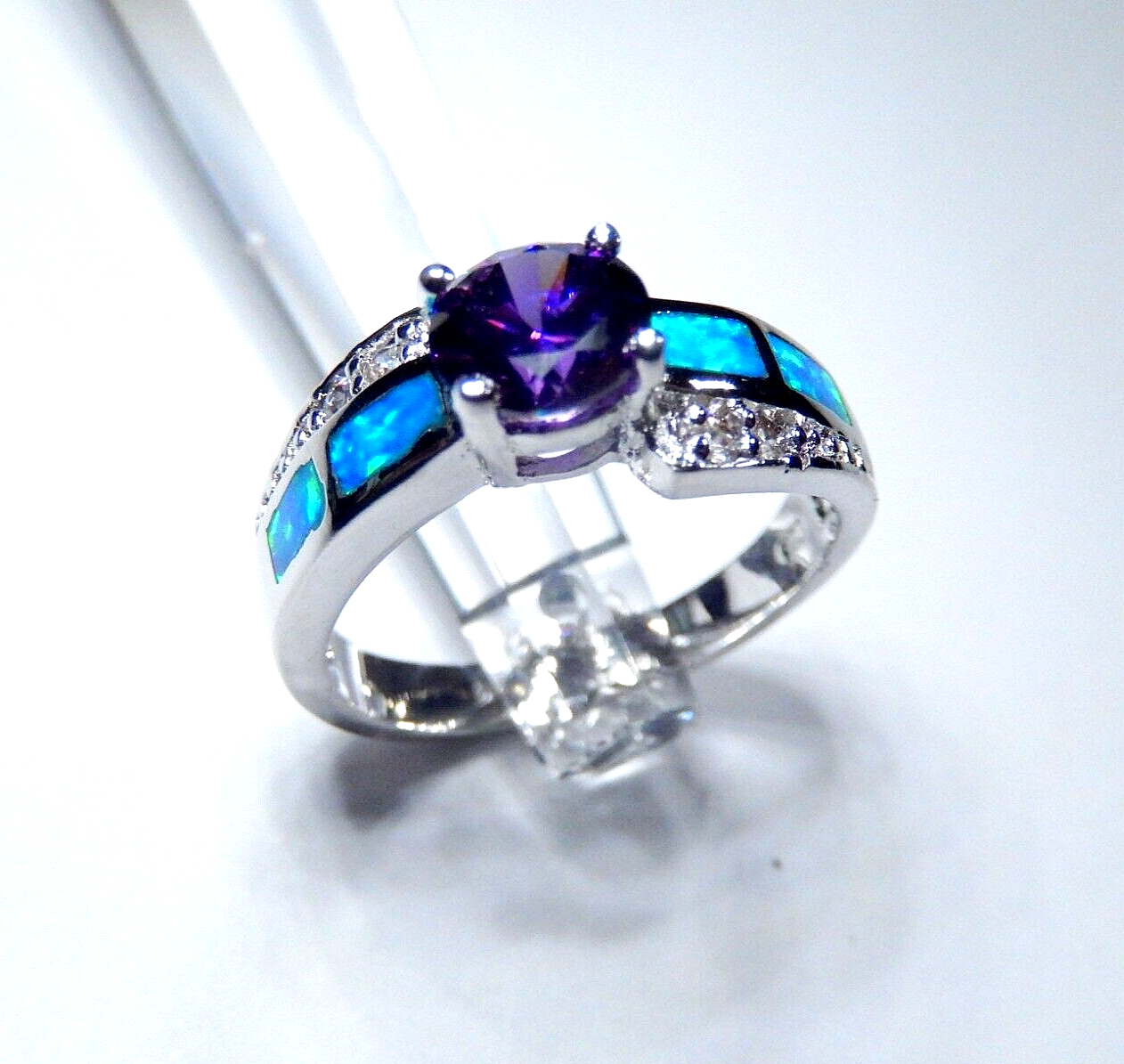 Amethyst & Blue Fire Opal Inlay with CZ Accents 925 Sterling Silver Ring sz 8.5