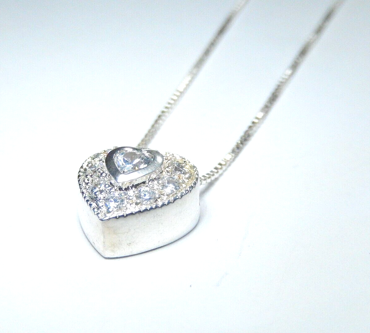 VINTAGE - Sterling Silver Clear CZ Heart Charm / Pendant w/18" Sterling Chain