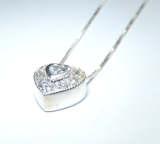 VINTAGE - Sterling Silver Clear CZ Heart Charm / Pendant w/18" Sterling Chain