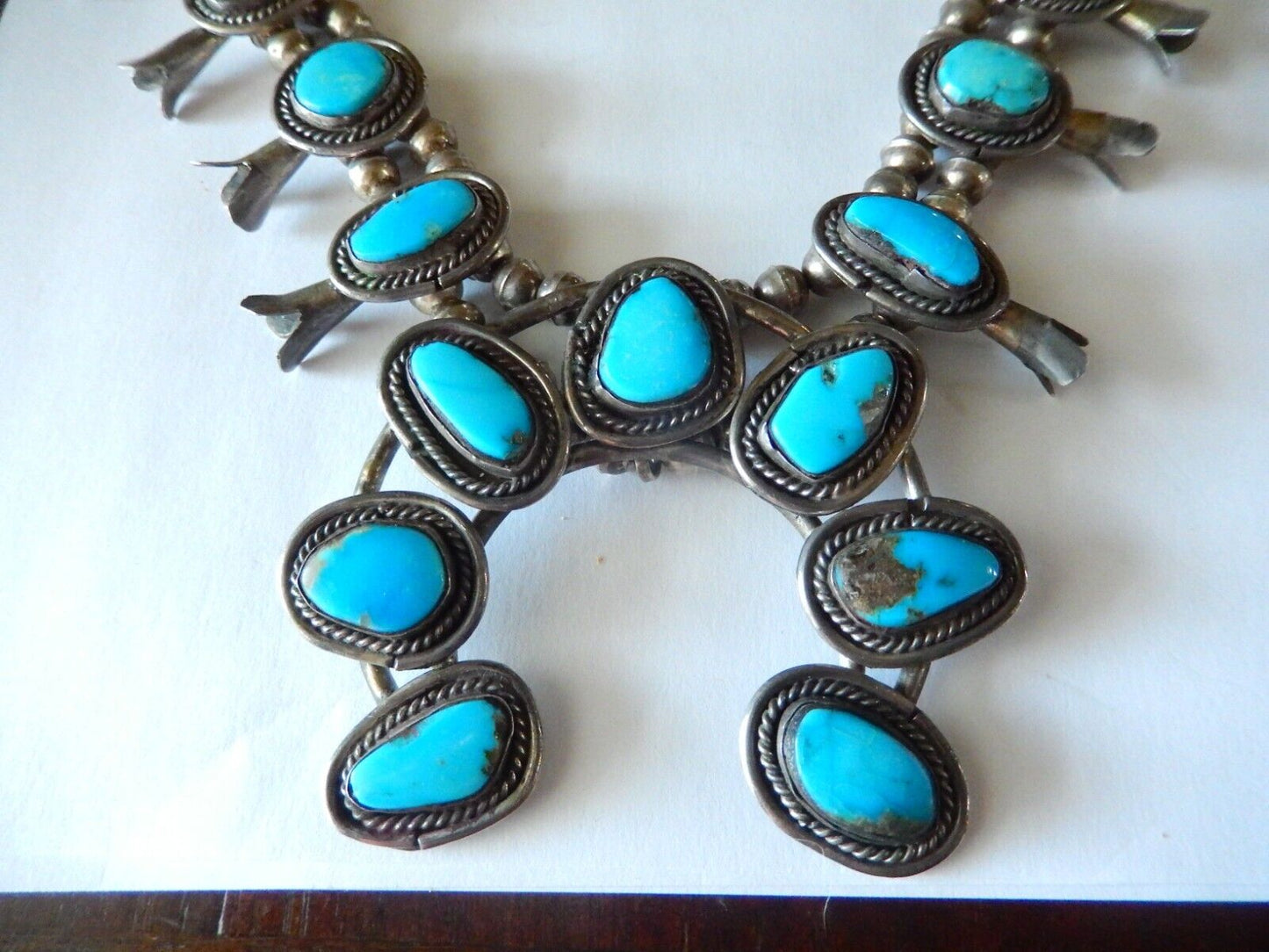 Vintage Navajo Sterling Silver & Turquoise Squash Blossom Necklace 155 gm - 24"