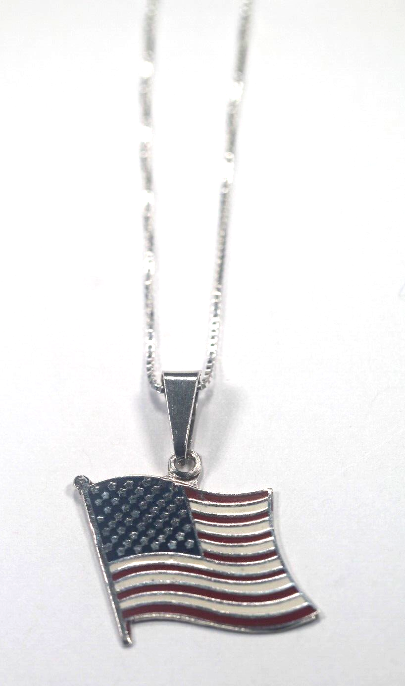 *VINTAGE* 925 Pendant Flag American Pendant Enamel Sterling Silver w/20" Chain