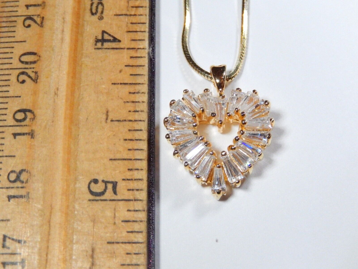 925 Gold Vermeil 200 CT Tapered CZ Baguette Heart Pendant Necklace w18 Chain