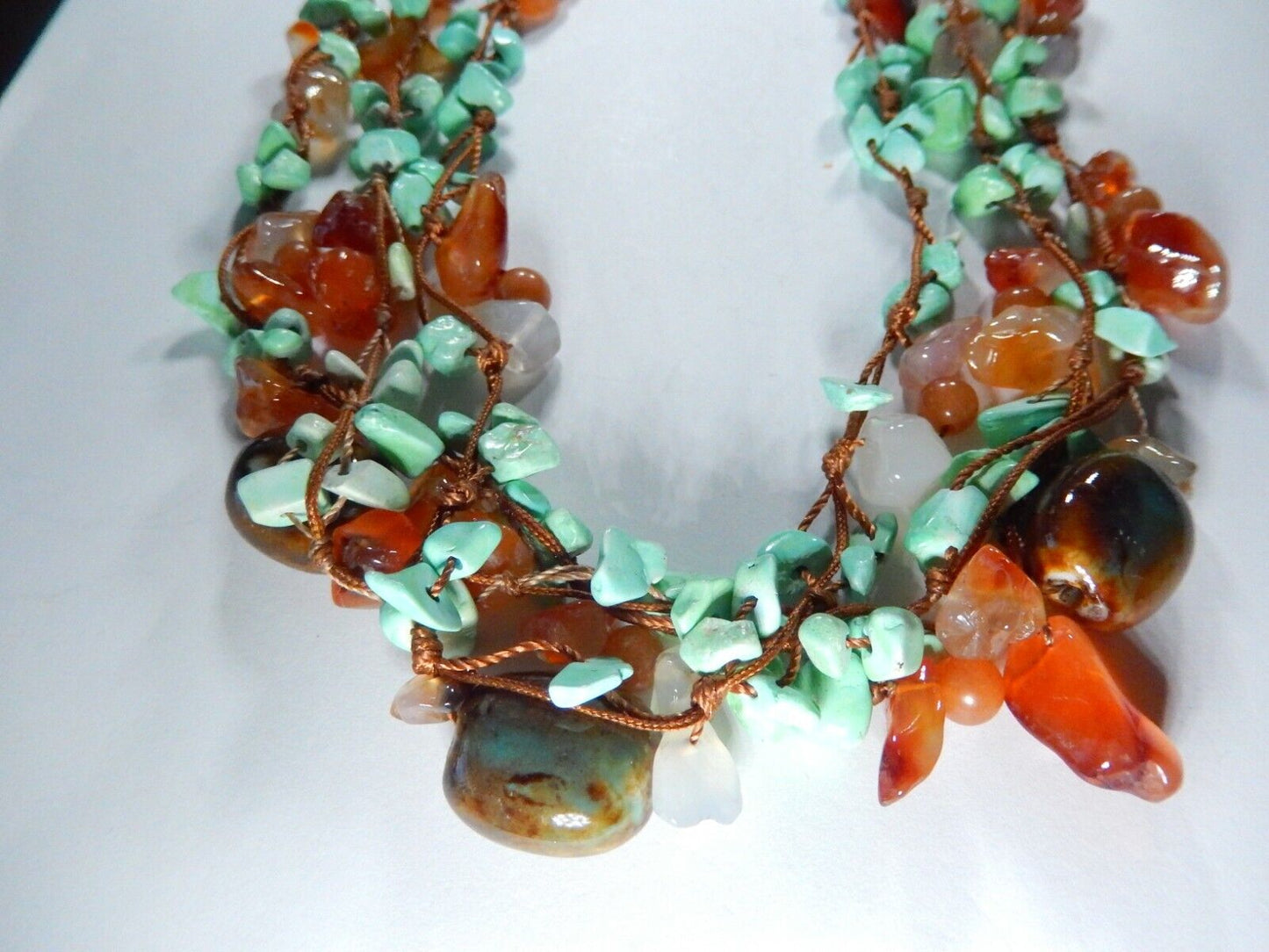 Three Strand Turquoise Stone And Glass Bead Sterling Silver Necklace - 18"