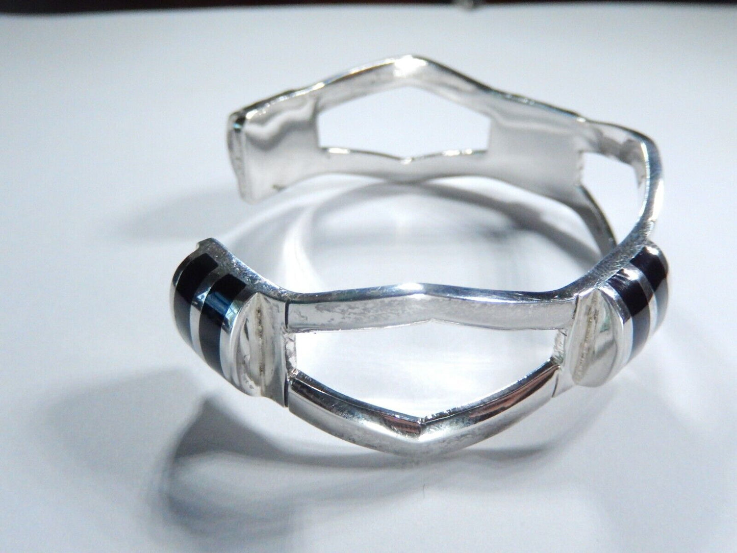 *VINTAGE*  Heavy Sterling Silver Black Onyx Cuff Modernist Retro Bracelet 45 gms