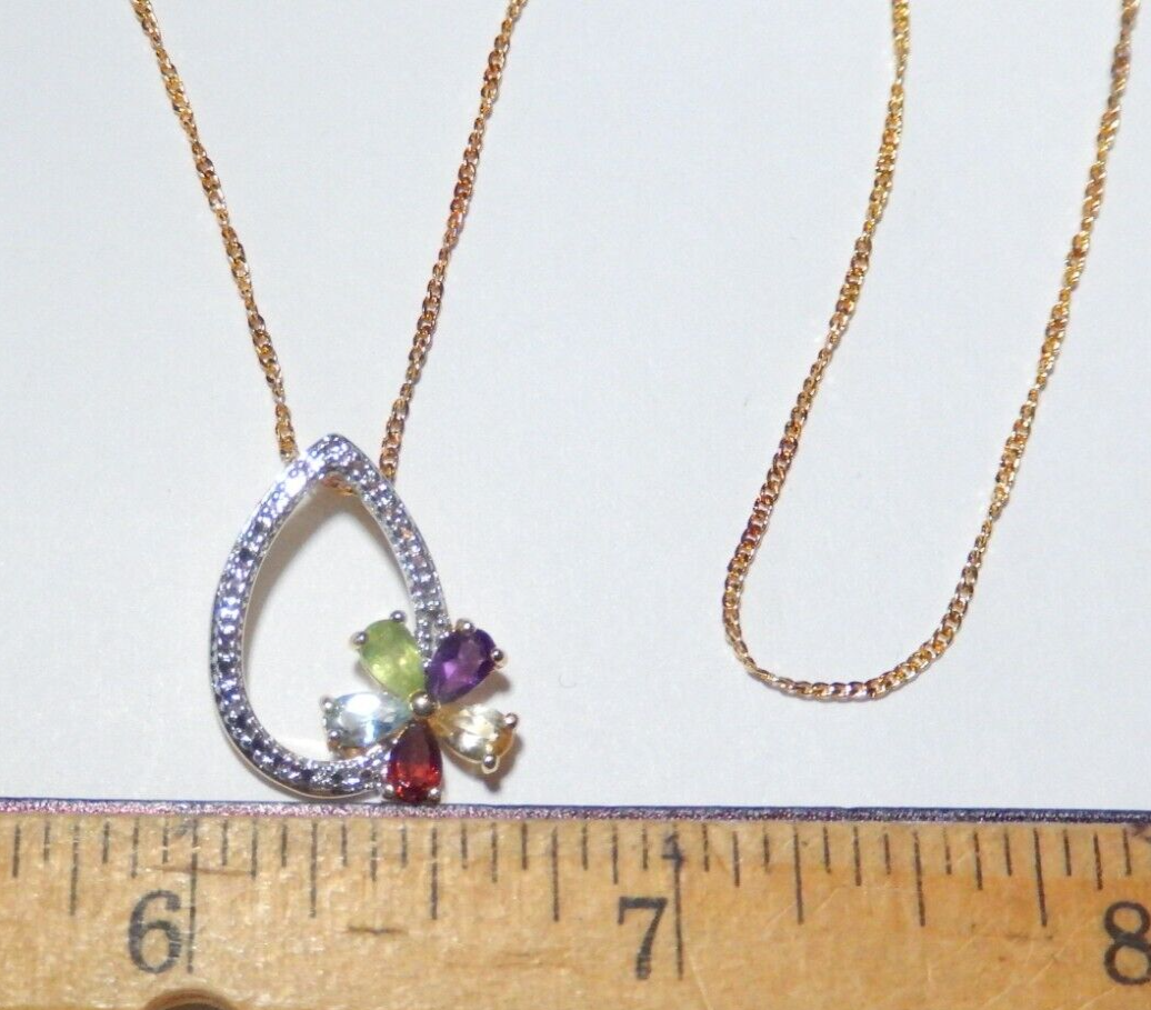 NWT Gold Vermeil 925 Diamond  Multi Colored Gemstones Pendant w 18 Chain