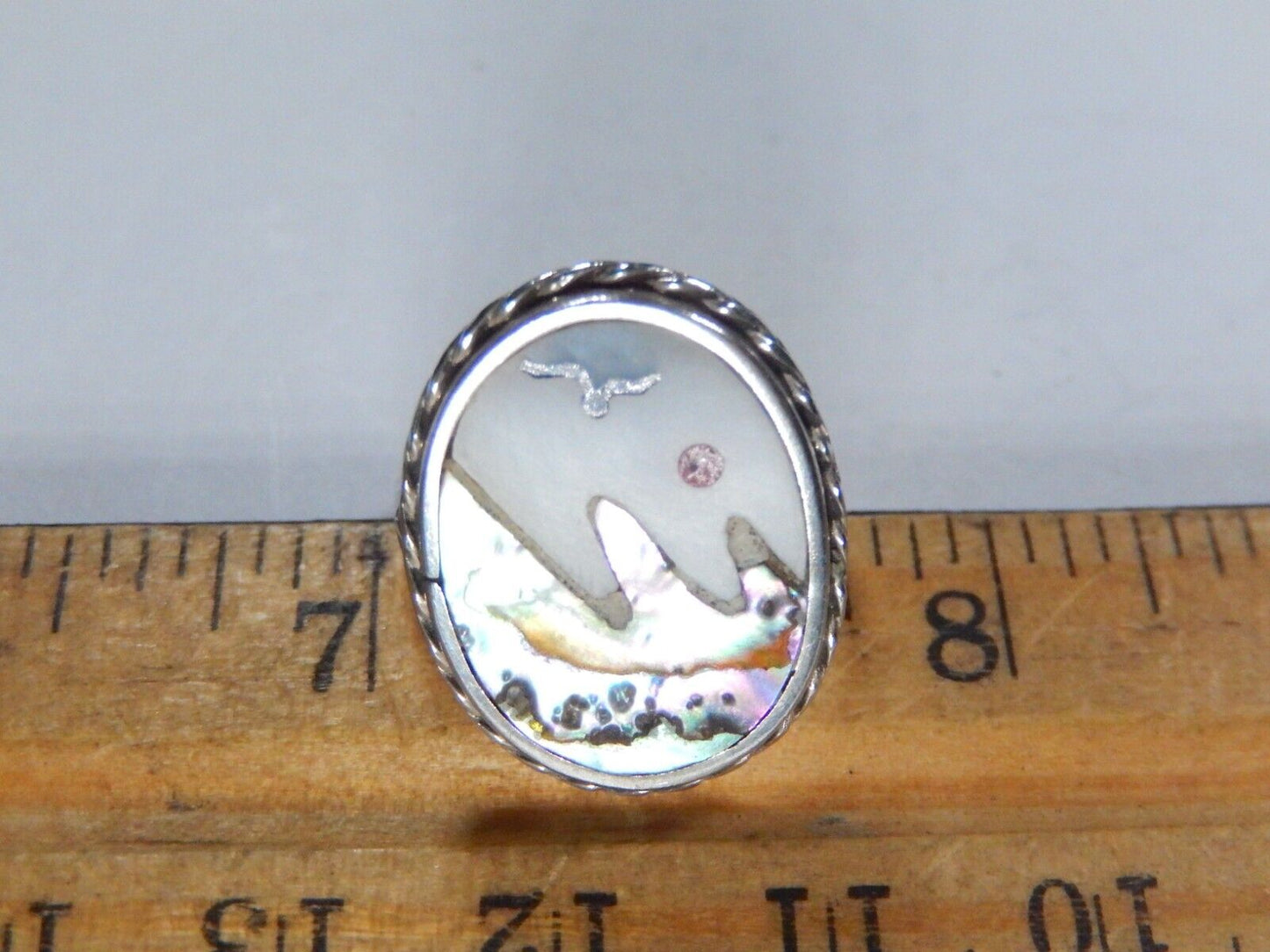 *VINTAGE*  Mexico 925 Sterling Silver Natural Abalone Outdoor Scene Ring Sz 5.5