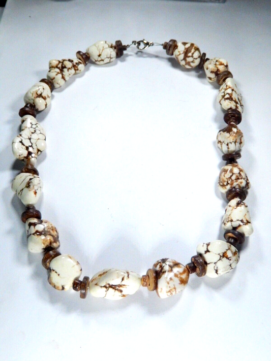 *VINTAGE*  Chunky Necklace With Wood and Stone Beads 16" Long