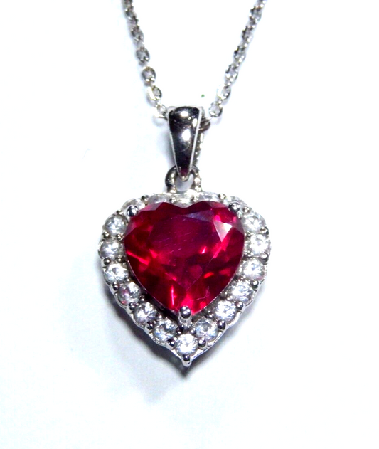 Sterling Silver 4.00ct Simulated Red Ruby Heart Shaped Gemstone Pendant Necklace