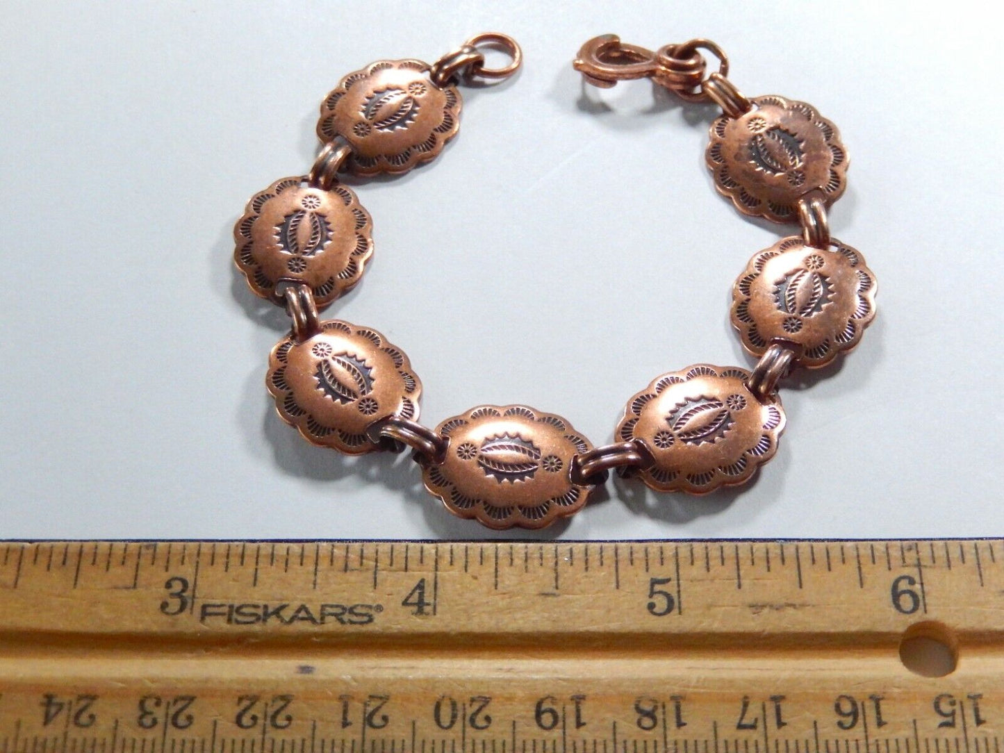 Vintage Southwest Copper Stamped Concho 7 Links Bracelet 7.25" Length