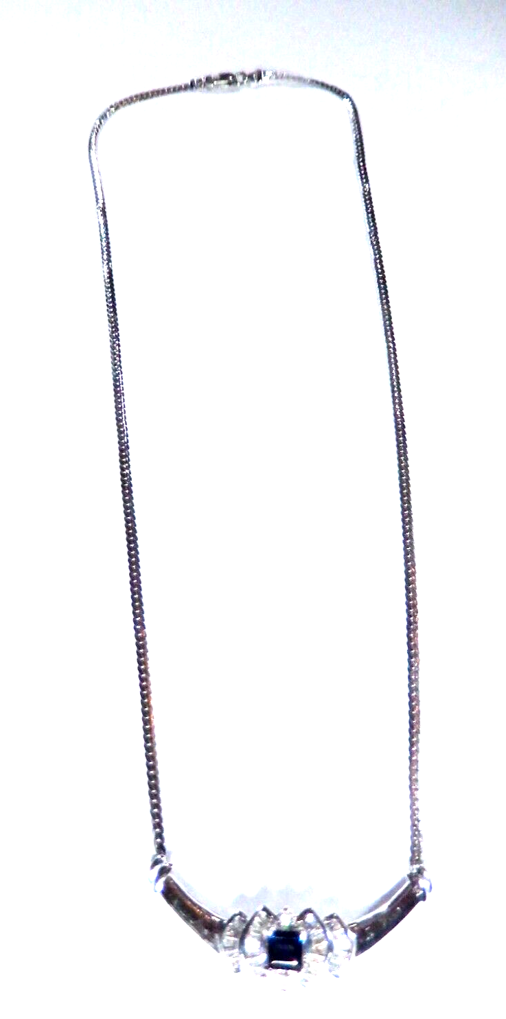 VINTAGE  14K White Gold Blue Sapphire and Diamond Halo Necklace 175