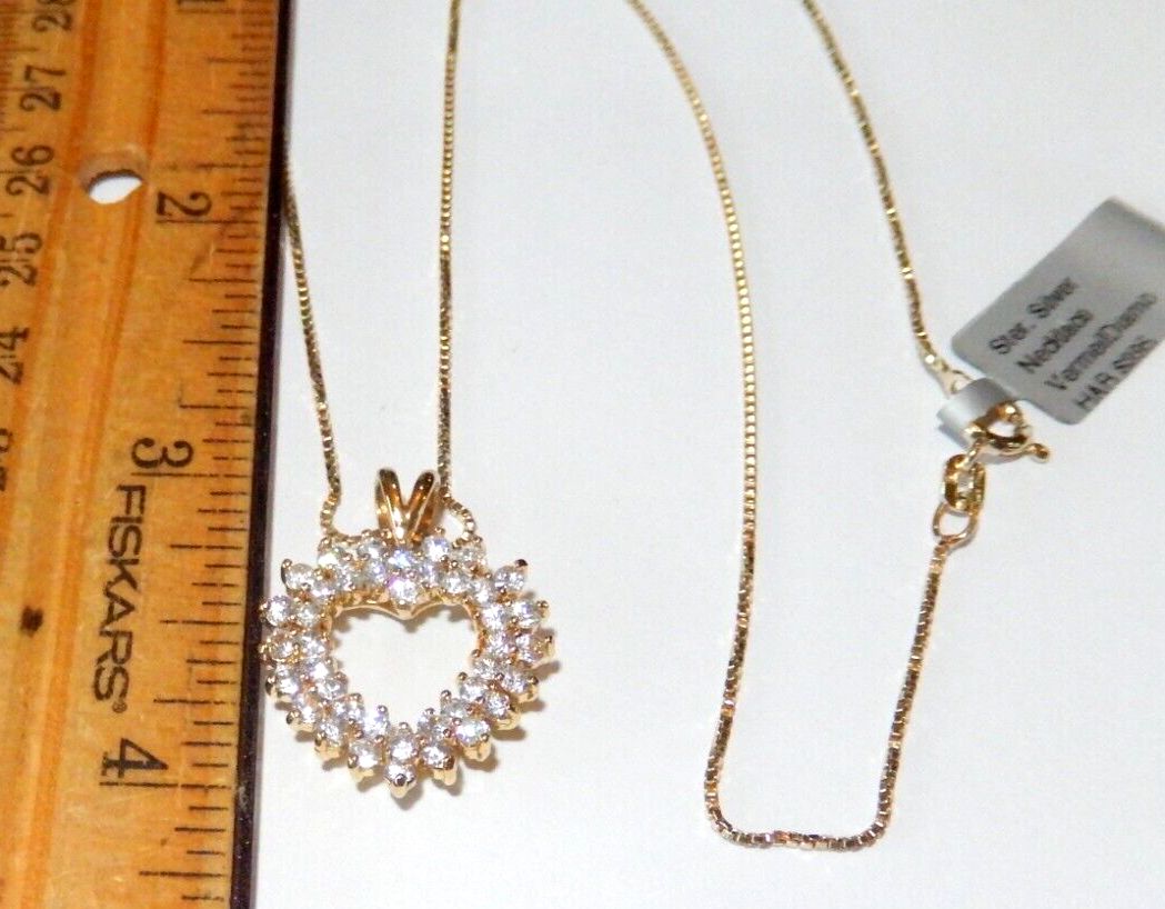 NWT 125CT Gold Vermeil Open Heart Cubic Zirconia Pendant w 18 Vermeil Chain