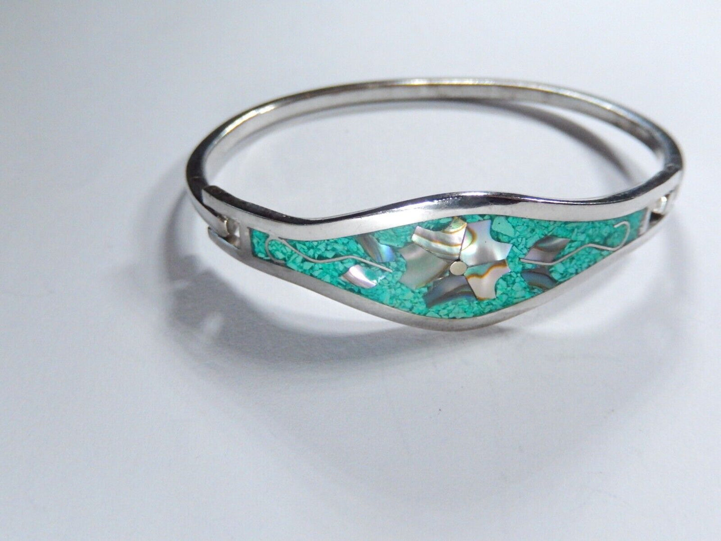 Alpaca Mexico Silver Abalone Inlay Lavender Tulip Blue/Green Cuff Bracelet
