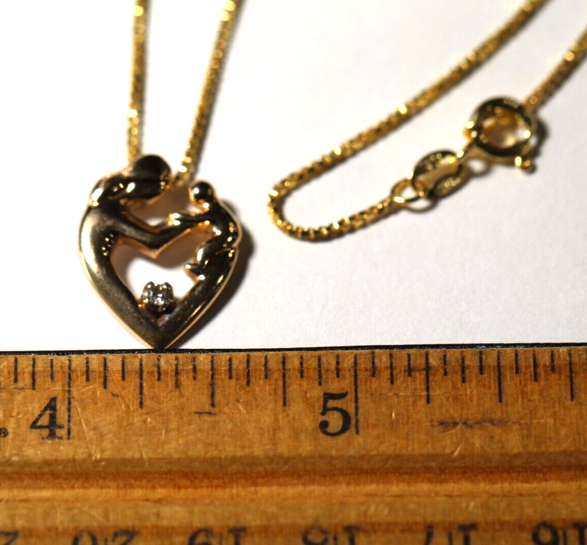 Solid 14K Yellow Gold .03ct Diamond Mother & Child Pendant w/ 20" Vermeil Chain