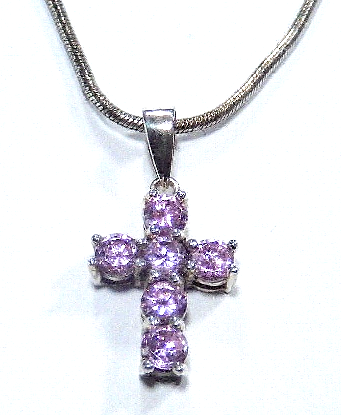 *VINTAGE* Sterling Silver Lab-Created Pink Sapphire Cross Pendant w/16" CHain