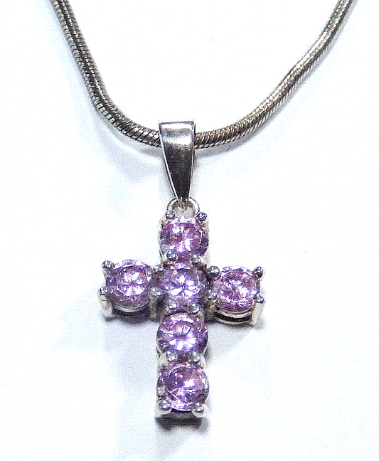 *VINTAGE* Sterling Silver Lab-Created Pink Sapphire Cross Pendant w/16" CHain