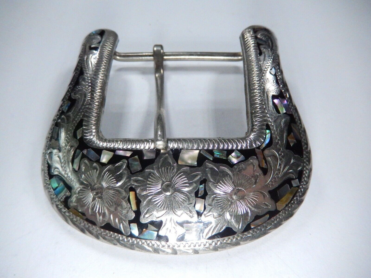 VINTAGE- ALPACA MEXICO SILVER ABALONE / MOTHER OF PEARL INLAY BELT BUCKLE 1-1/2"