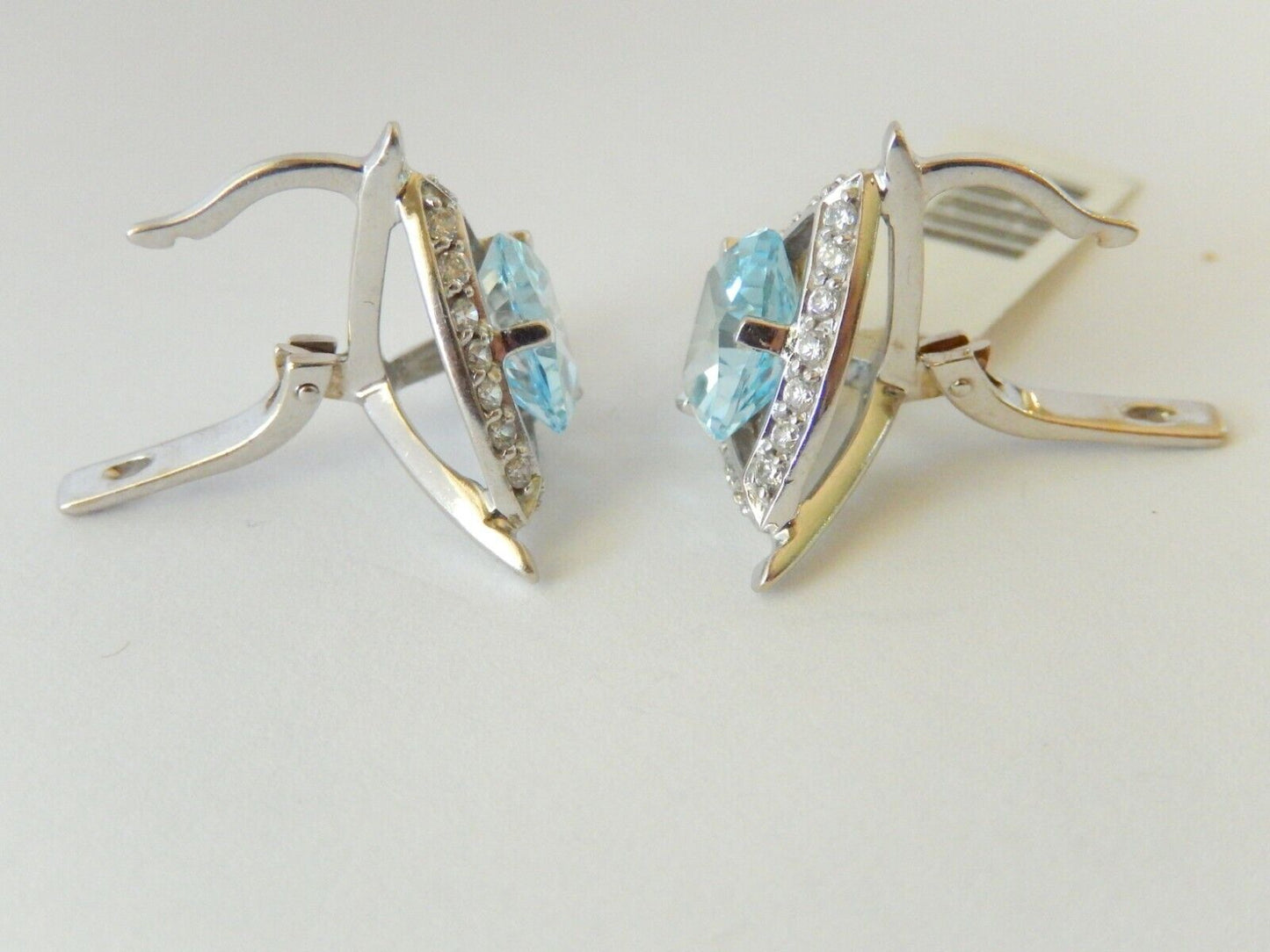Stamped .585 White Gold Triangle Cut Blue Stone Earrings Weighing approx. 7.47gm