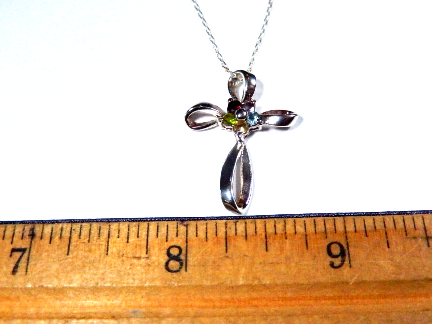 Sterling Silver Freeform Cross Multi Gem Pendant with 18 Sterling Chain