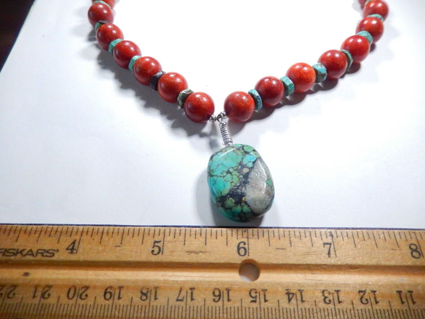 *VINTAGE*  Wooden and Turquoise Beaded Necklace 18" with Sterling Toggle Clasp