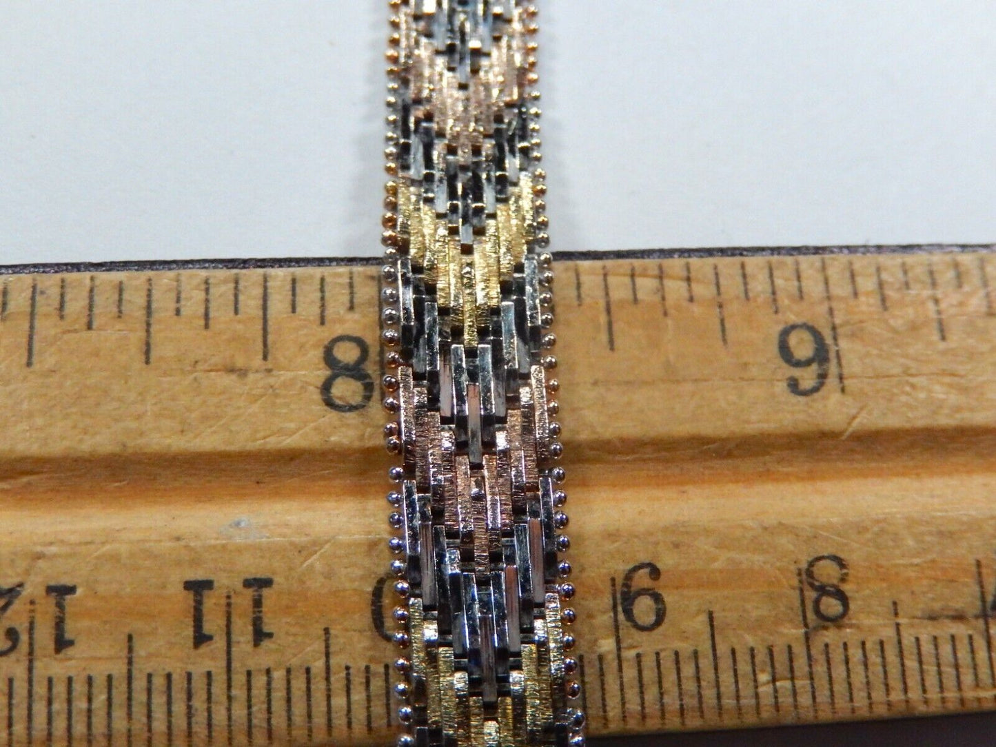 Sterling Silver 925 Tri-Color Gold Chevron Italy Bracelet 9.5mm Wide 21.1 gm -7"