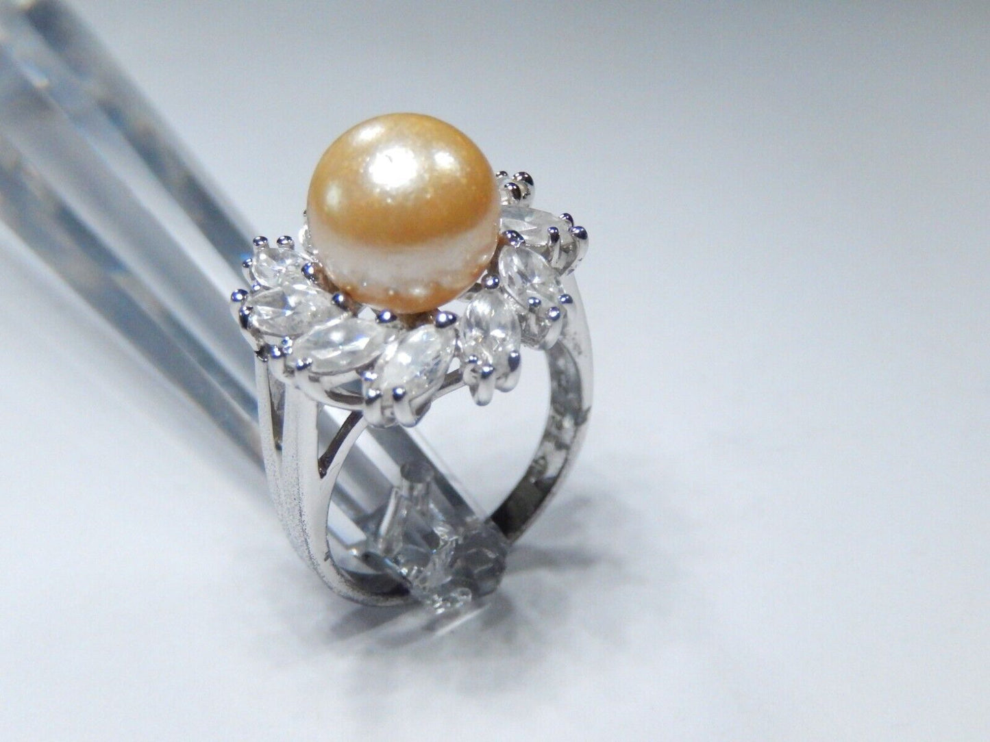 Sterling Silver 925 Faux Pearl and Cubic Zirconia Statement Ring  Size 7