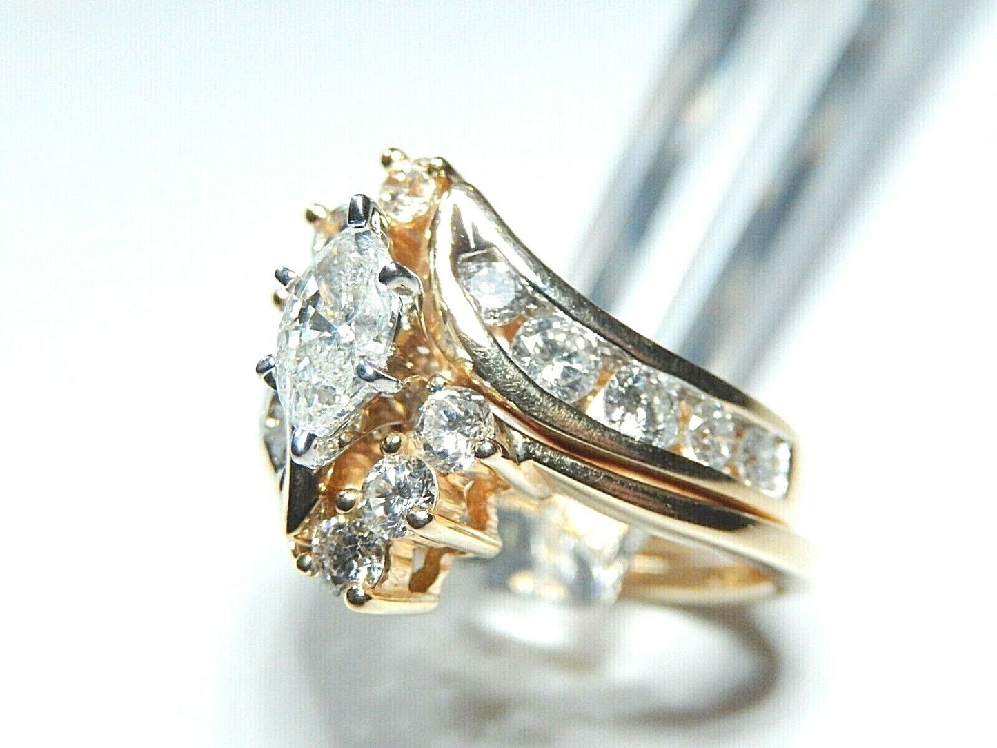 Stamped 14K Yellow Gold Marquise Diamond Wedding Engagement Bridal Ring Set