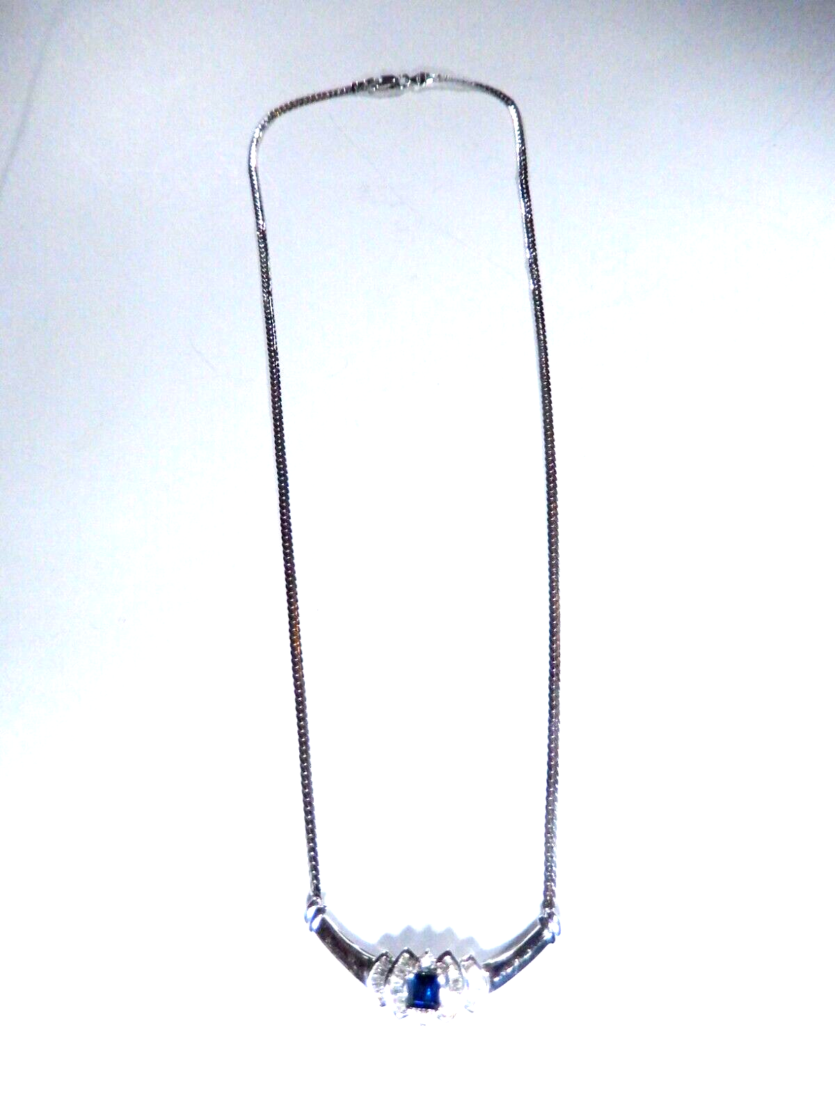 VINTAGE  14K White Gold Blue Sapphire and Diamond Halo Necklace 175