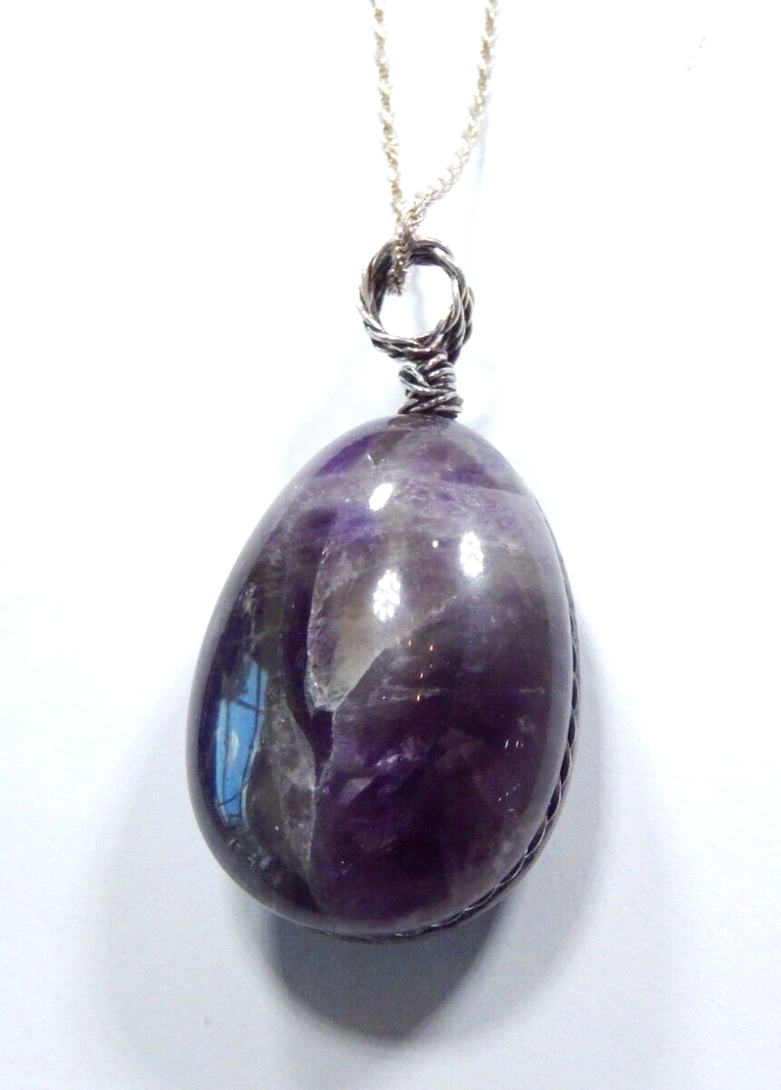 Handmade Large Amethyst Gemstone Sterling Wire Wrapped Pendant w/16" Rope Chain