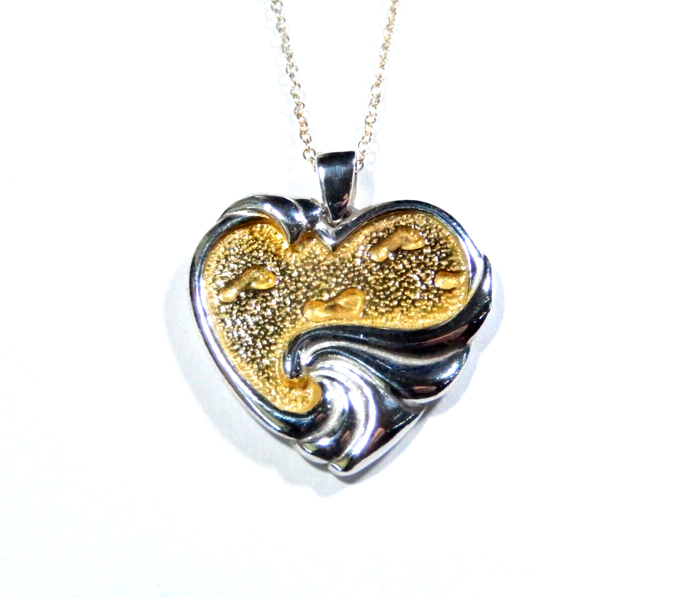 Gorham Sterling Silver  Gold Overlay Heart Pendant Footprints In The Sand w18