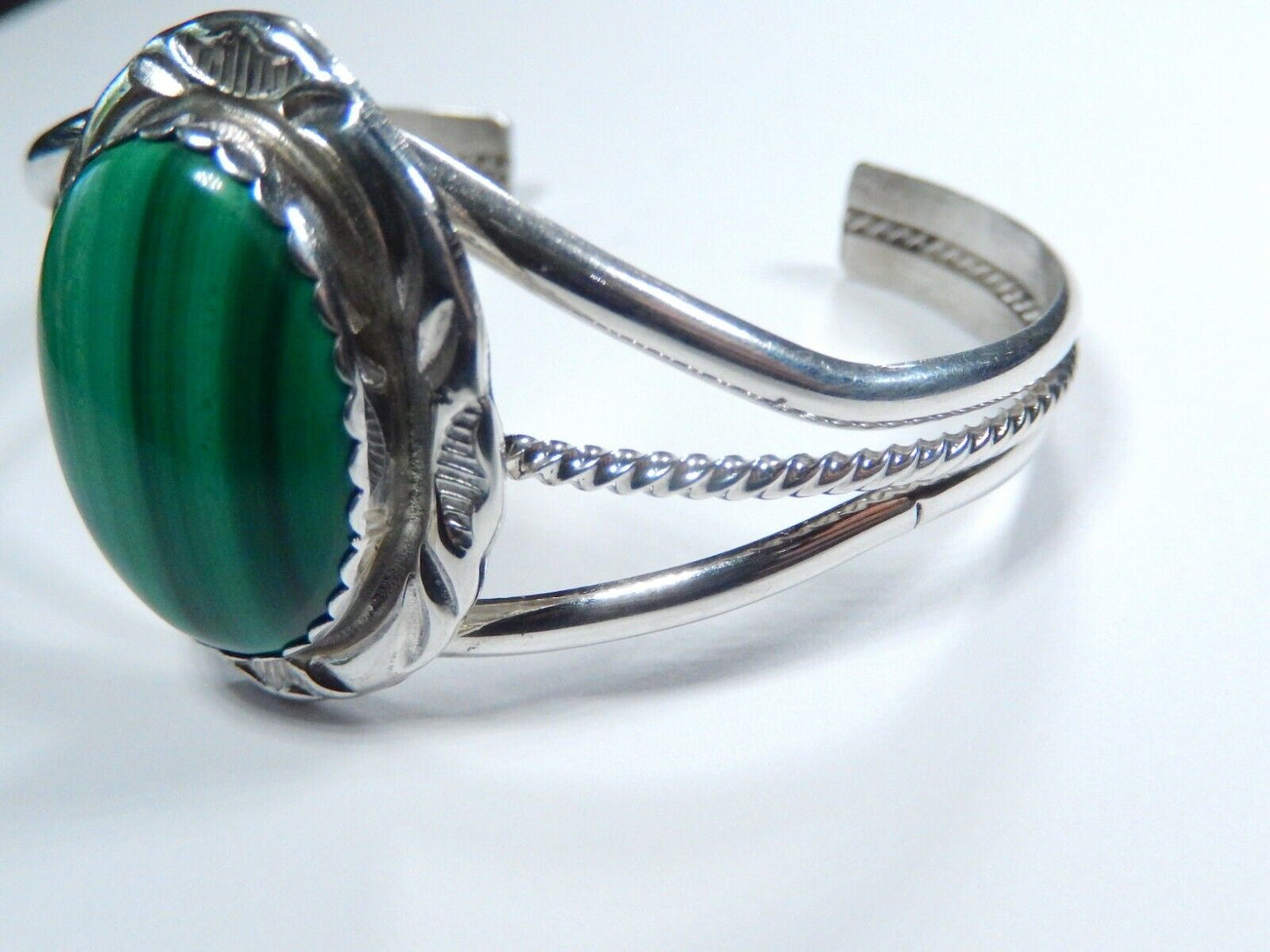 Native American Navajo Sterling Silver Malachite Cuff Bracelet Signed HT