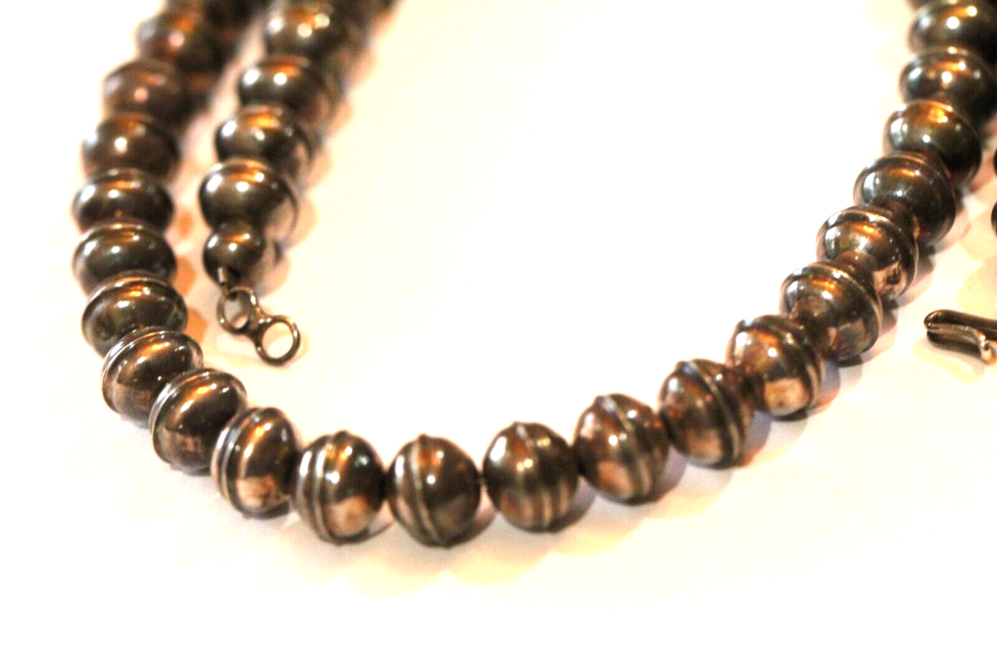 22"- 11mm NAVAJO Pearl BENCH BEAD NECKLACE Darker Vintage Old Oxidized STERLING