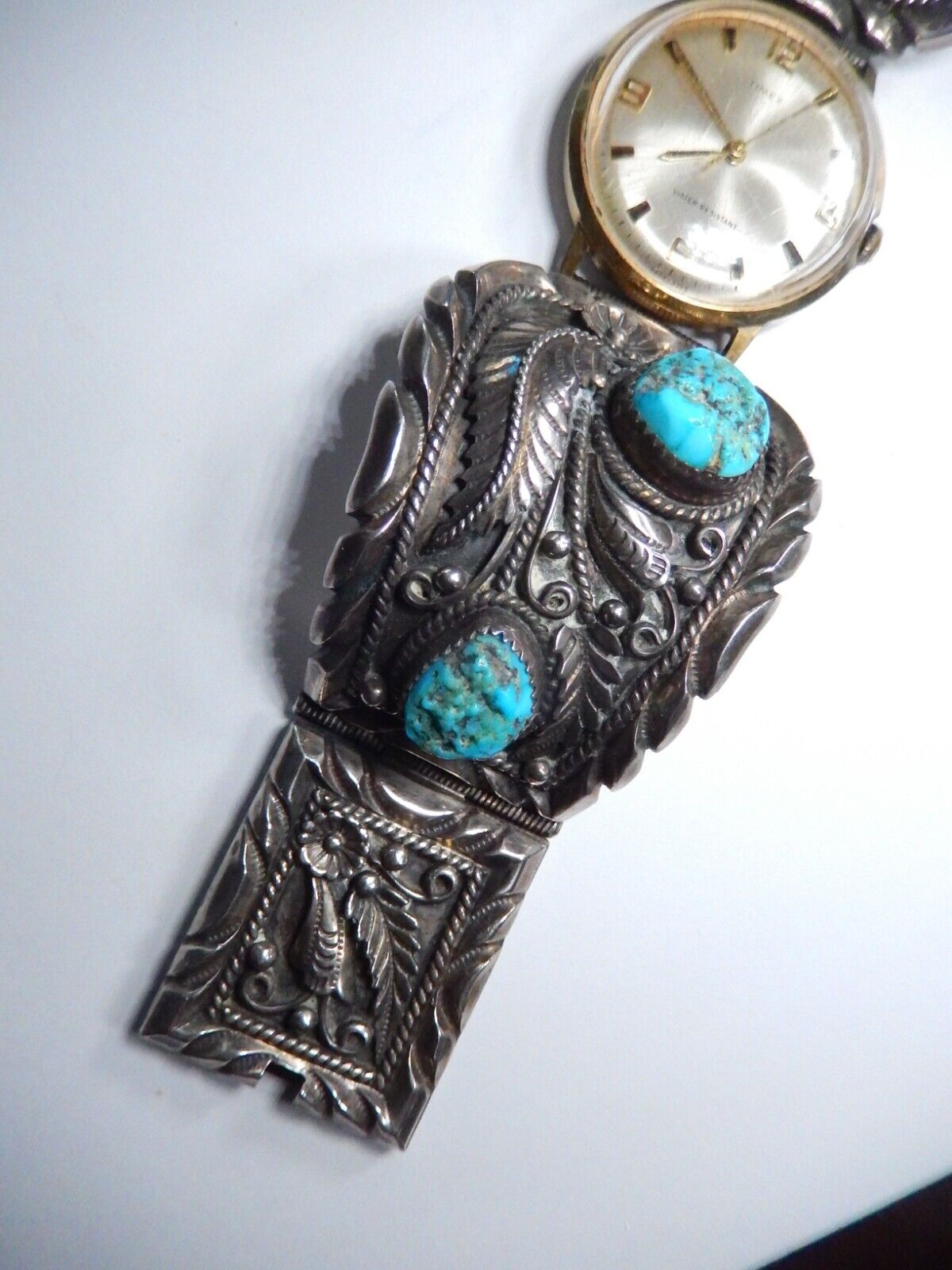 *VINTAGE* Navajo B. Nez Sterling Silver Turquoise Watch Bracelet  116.4 grams