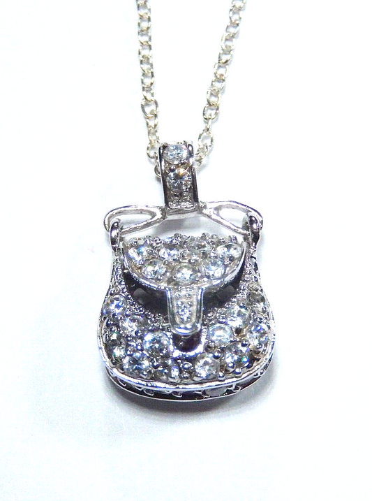 *VINTAGE* Sterling Silver & Cubic Zirconia Pave PURSE PENDANT NECKLACE 18"